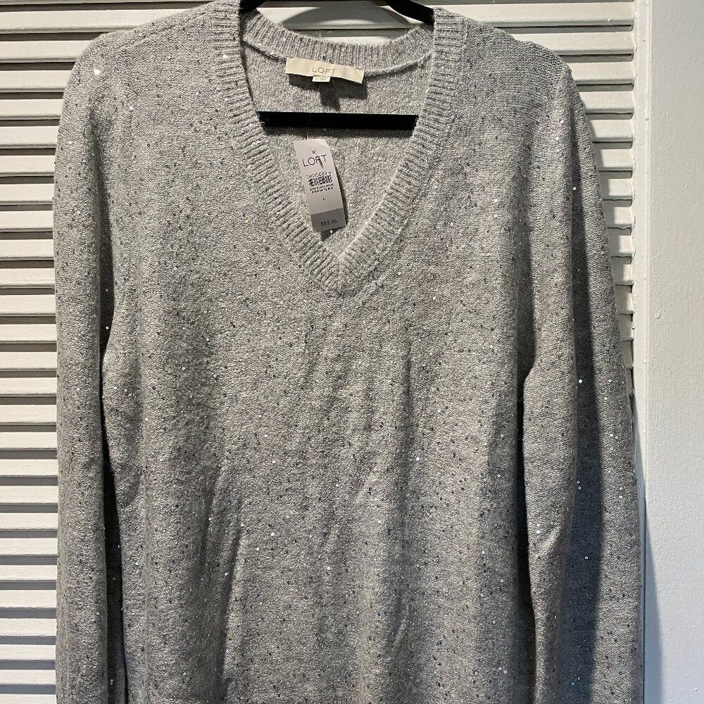 NWT LOFT V-Neck Silver Sequin Gray Sweater